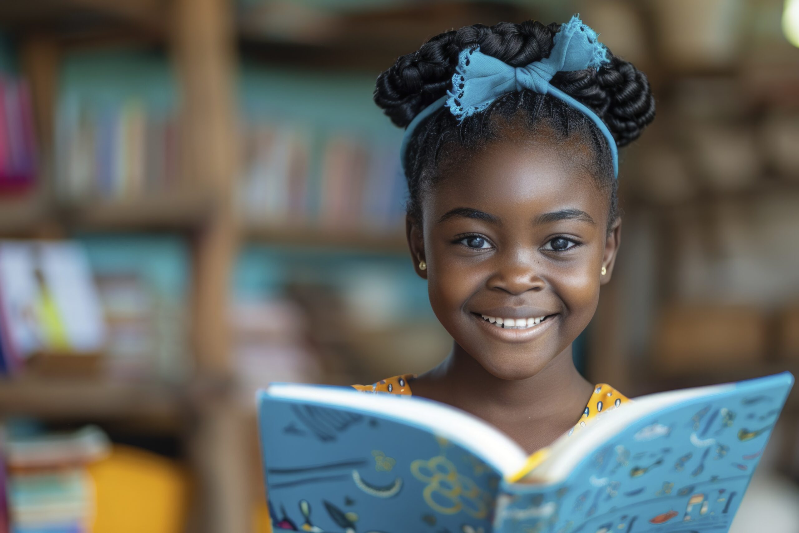 a happy African girl read book, in the style of joyful and optimistic, Professional advertising product photography --chaos 10 --ar 3:2 --stylize 250 Job ID: 14a72070-b406-4ae3-8d2e-a580d0f8d77c